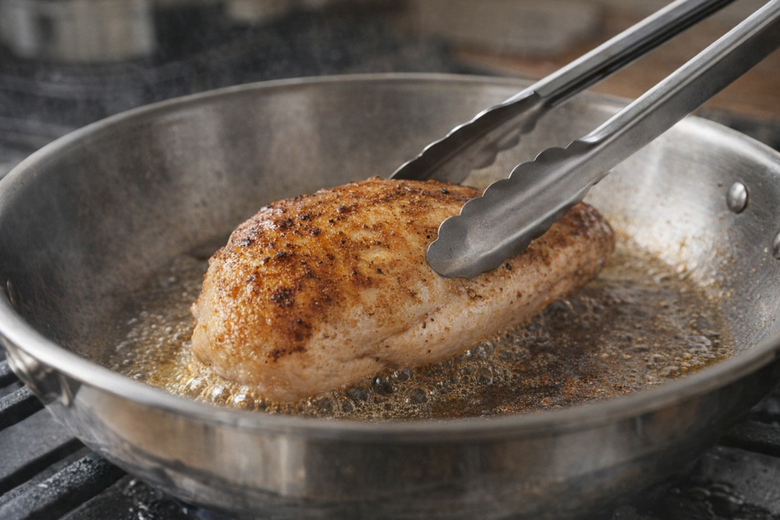 A medium shot of a chicken breast searing in a stainless steel skillet, golden-brown color, oil bubbling around the edges, tongs holding the chicken